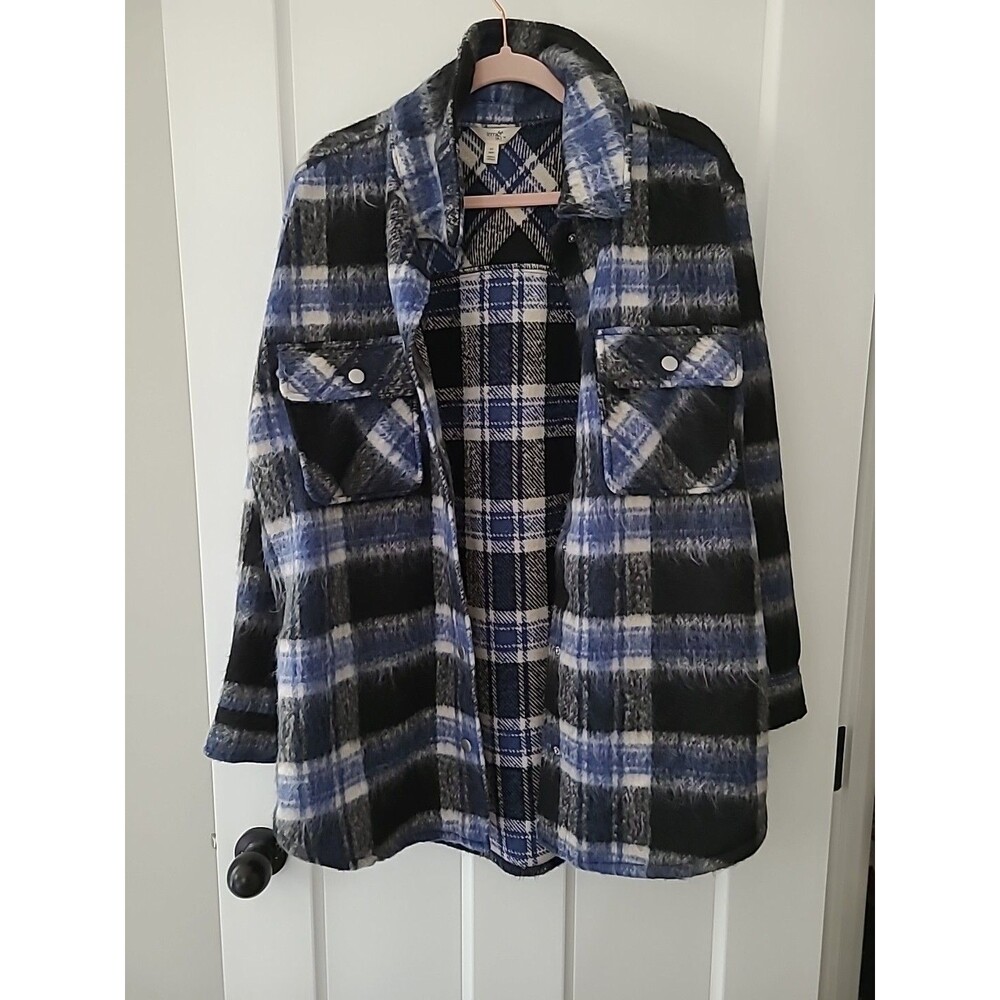 Terra Sky Womens Blue Plaid Fleece Jacket